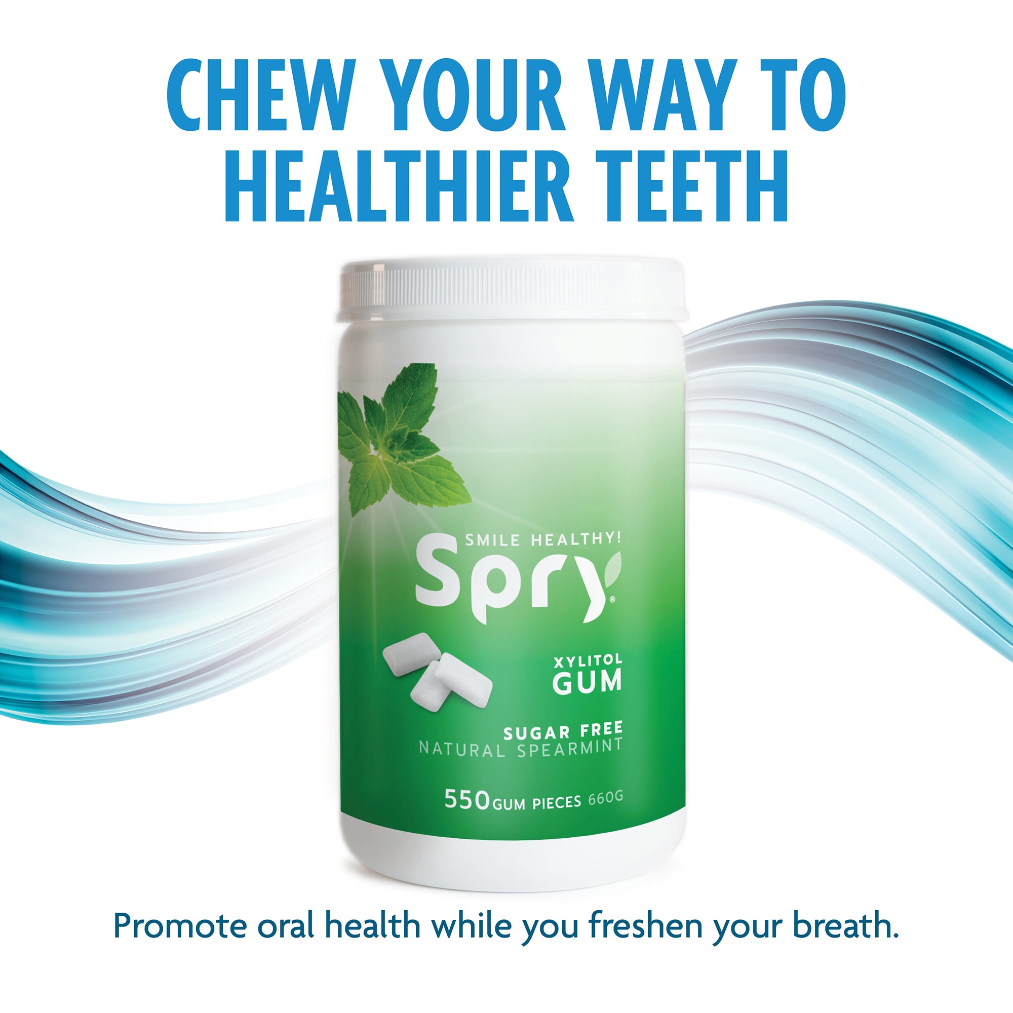 Spry xylitol gum container with text promoting healthier teeth on a white background