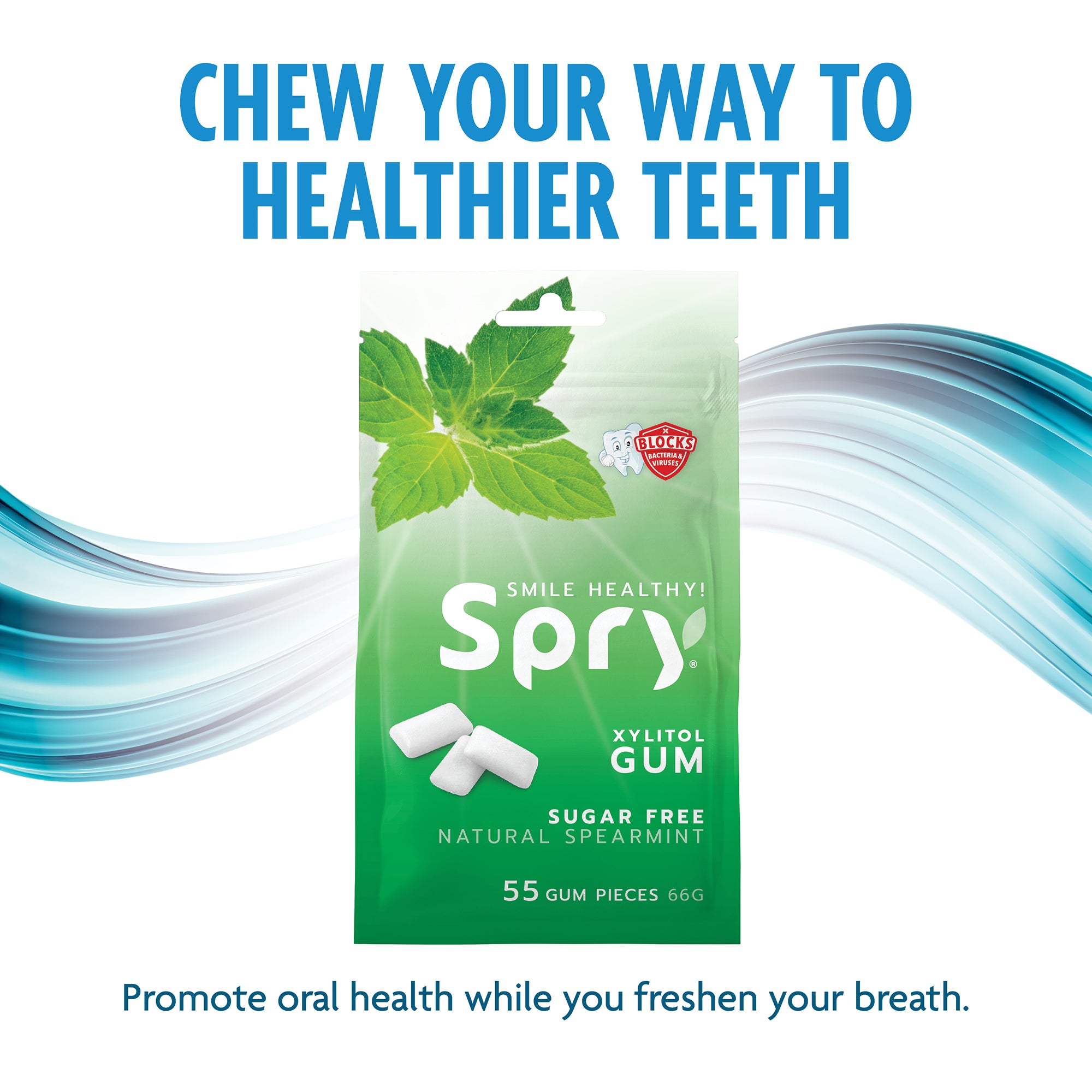 Spry xylitol gum packaging with mint leaves on a white background