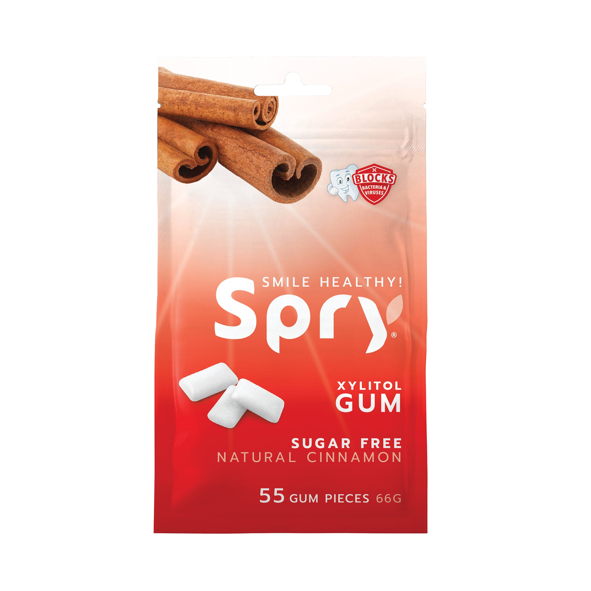 Spry Xylitol Gum packaging with cinnamon sticks on a white background