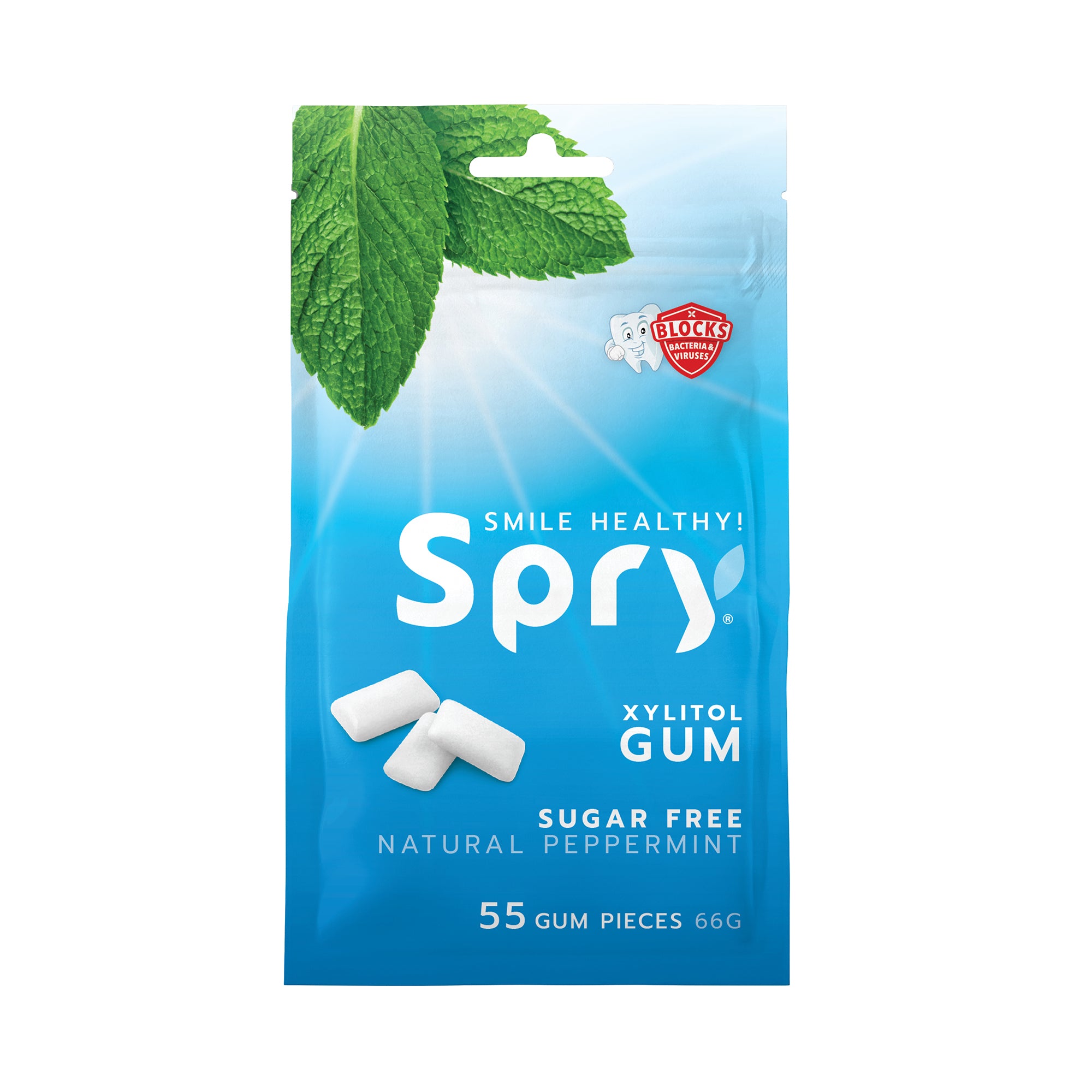 Spry xylitol gum packaging with mint leaves on a white background