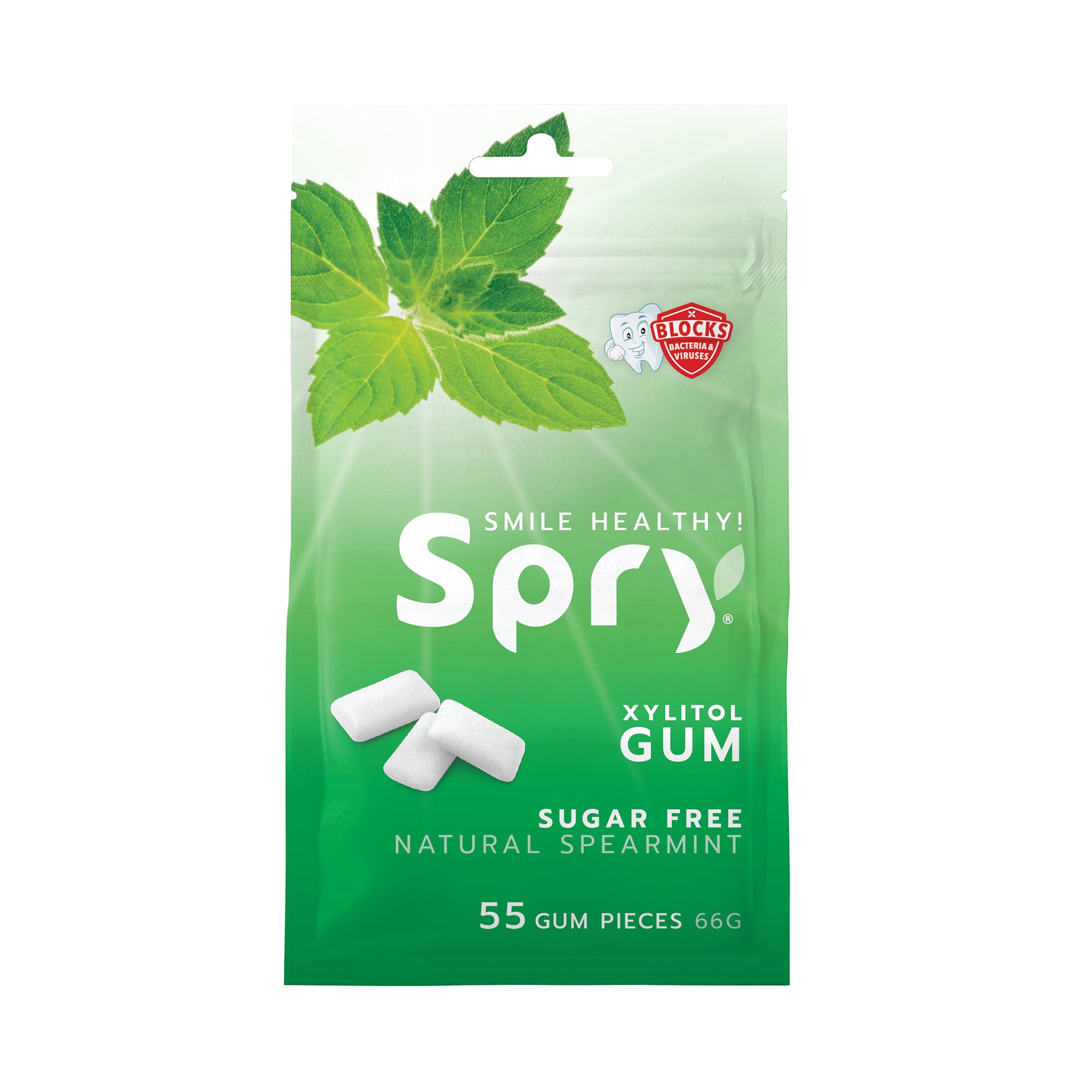 Spry xylitol gum packaging with mint leaves on a white background