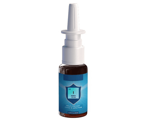 Bottle of nasal spray with a blue label on a white background