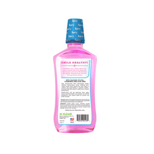 Pink bottle of bubble gum mouth rinse with text on a white background