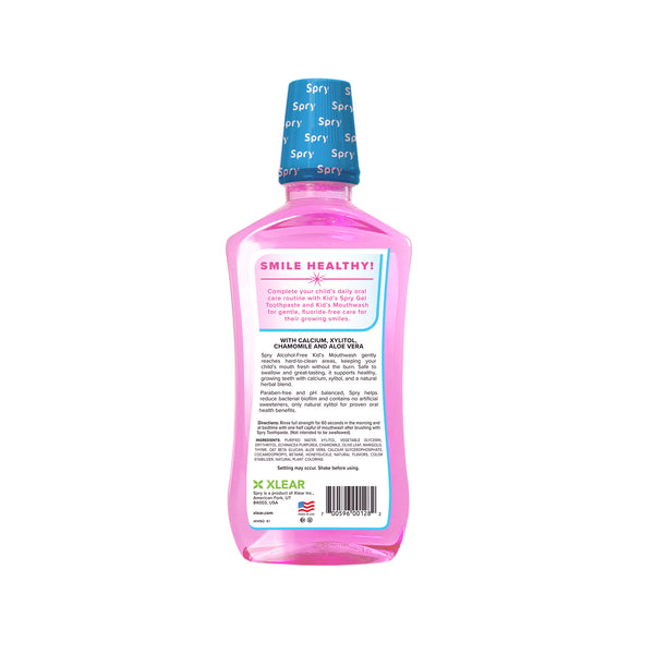 Pink bottle of bubble gum mouth rinse with text on a white background