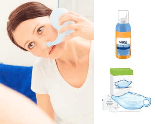 Woman using a nasal cleaning device with Saline nasal care products displayed.
