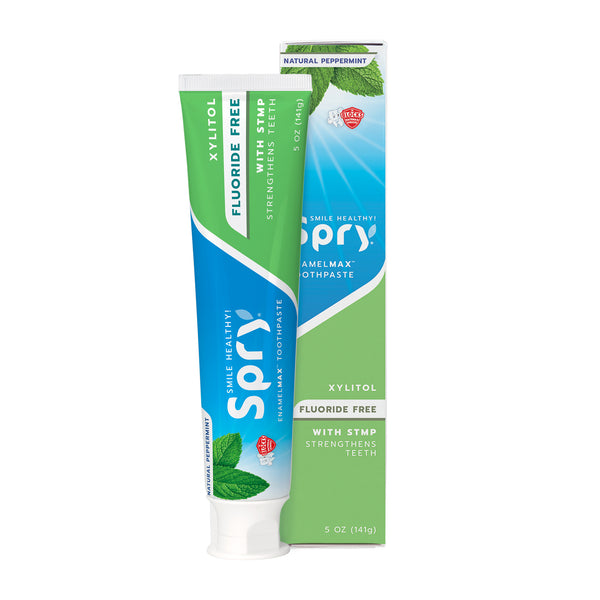 Spry toothpaste tube and packaging on a white background