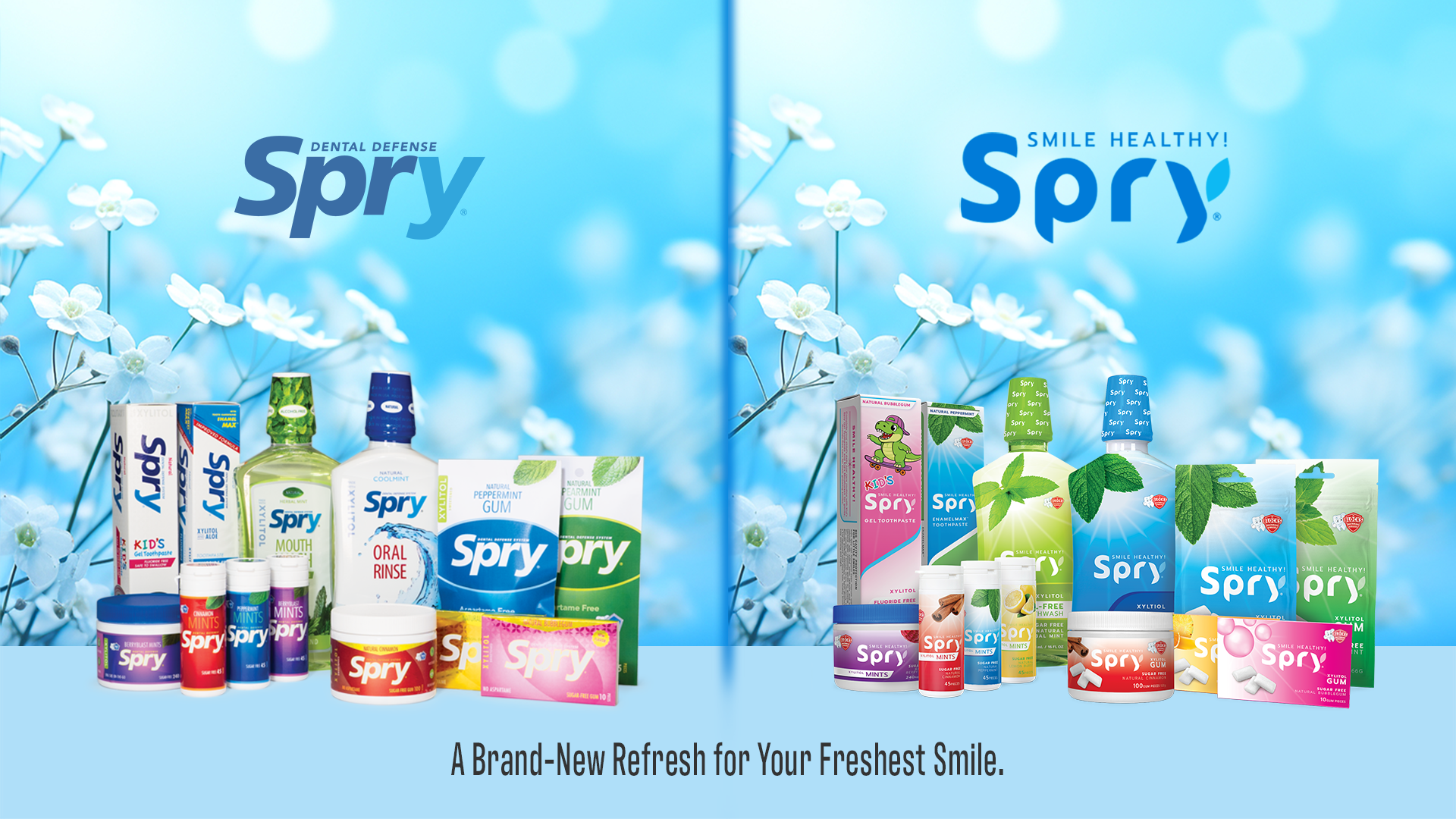 Spry dental products with a blue floral background
