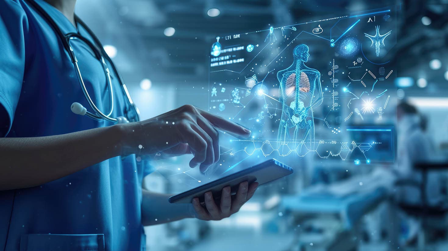 Doctor interacting with a futuristic medical interface on a tablet in a hospital setting.